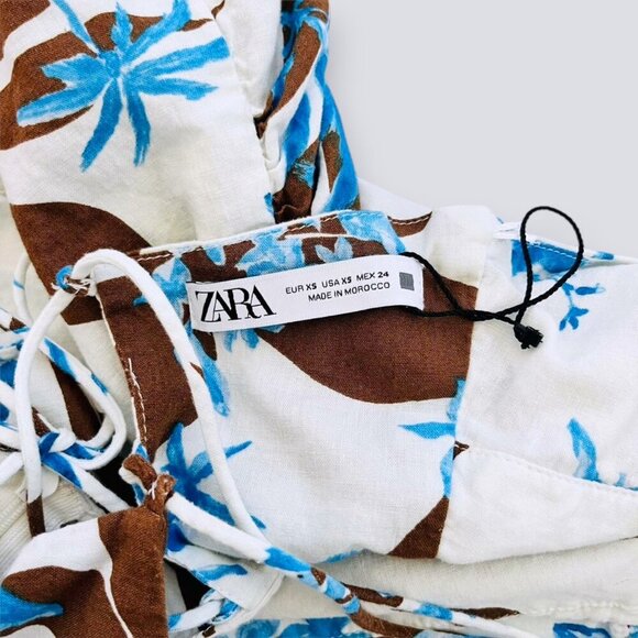 ZARA 100% Linen Tropical Floral Summer Mini Dress XS NWOT | Adjustable Lace-Up - Picture 7 of 12